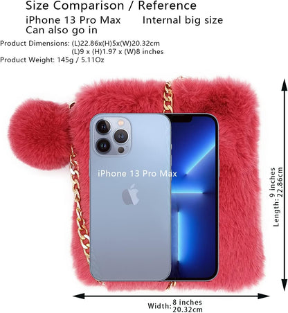 Fluffy Faux Fur Crossbody Bag for Women – Cute Small Purse with Chain Strap, Plush Evening Handbag & Makeup Bag