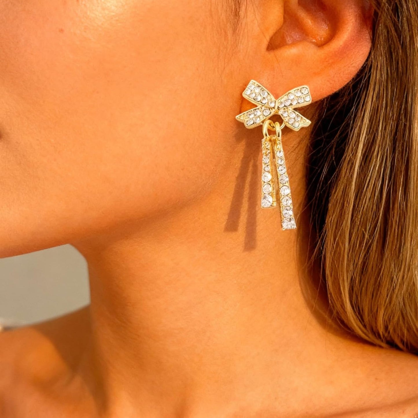 Bow Earrings for Women Pearl Bow Earrings Rhinestone Earring Gold Dangle Earring Christmas Jewelry Gifts Outfits Stocking Stuffers