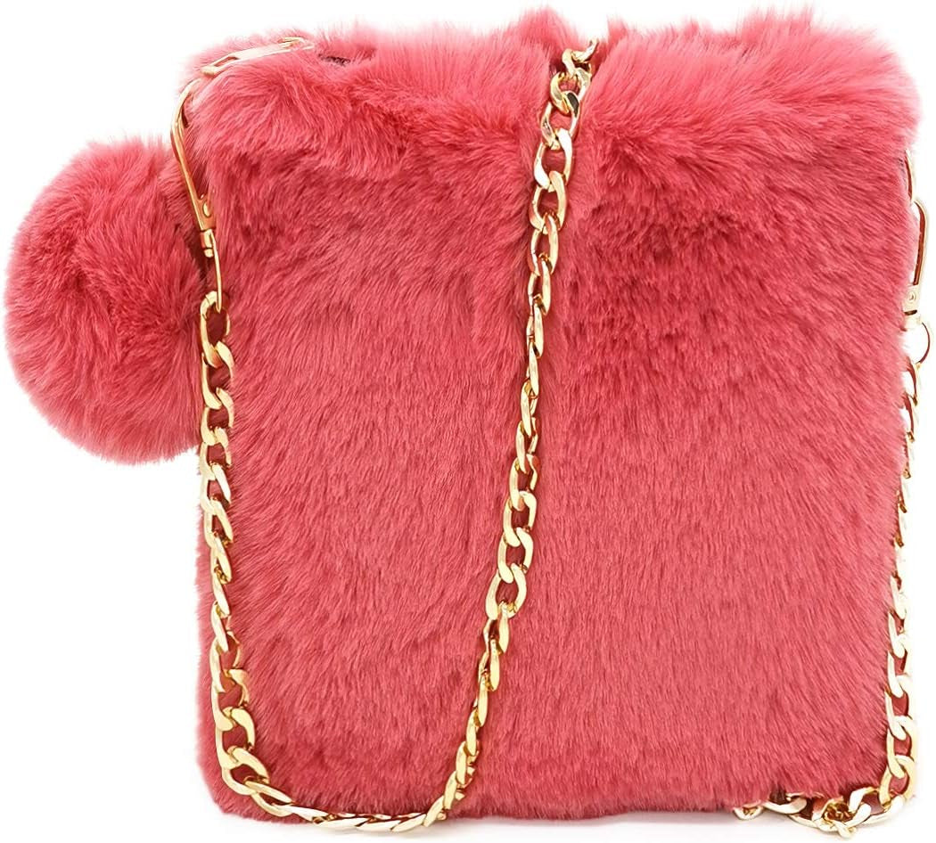 Fluffy Faux Fur Crossbody Bag for Women – Cute Small Purse with Chain Strap, Plush Evening Handbag & Makeup Bag